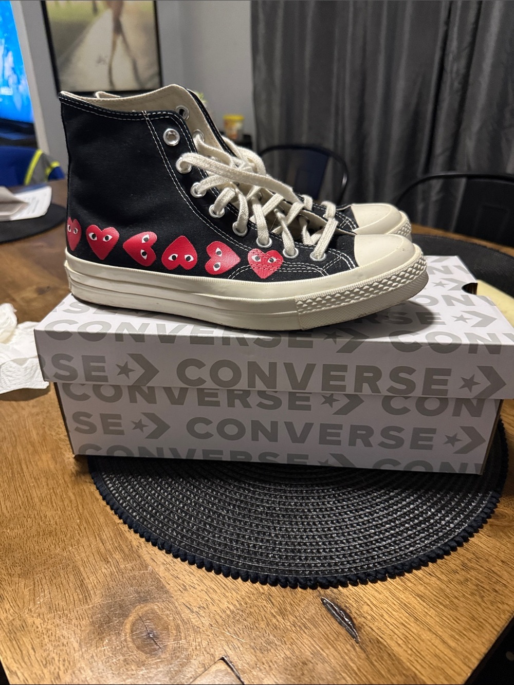 Converse (COMME des GARSONS) Black High-Top Sneakers with Red Heart Graphics